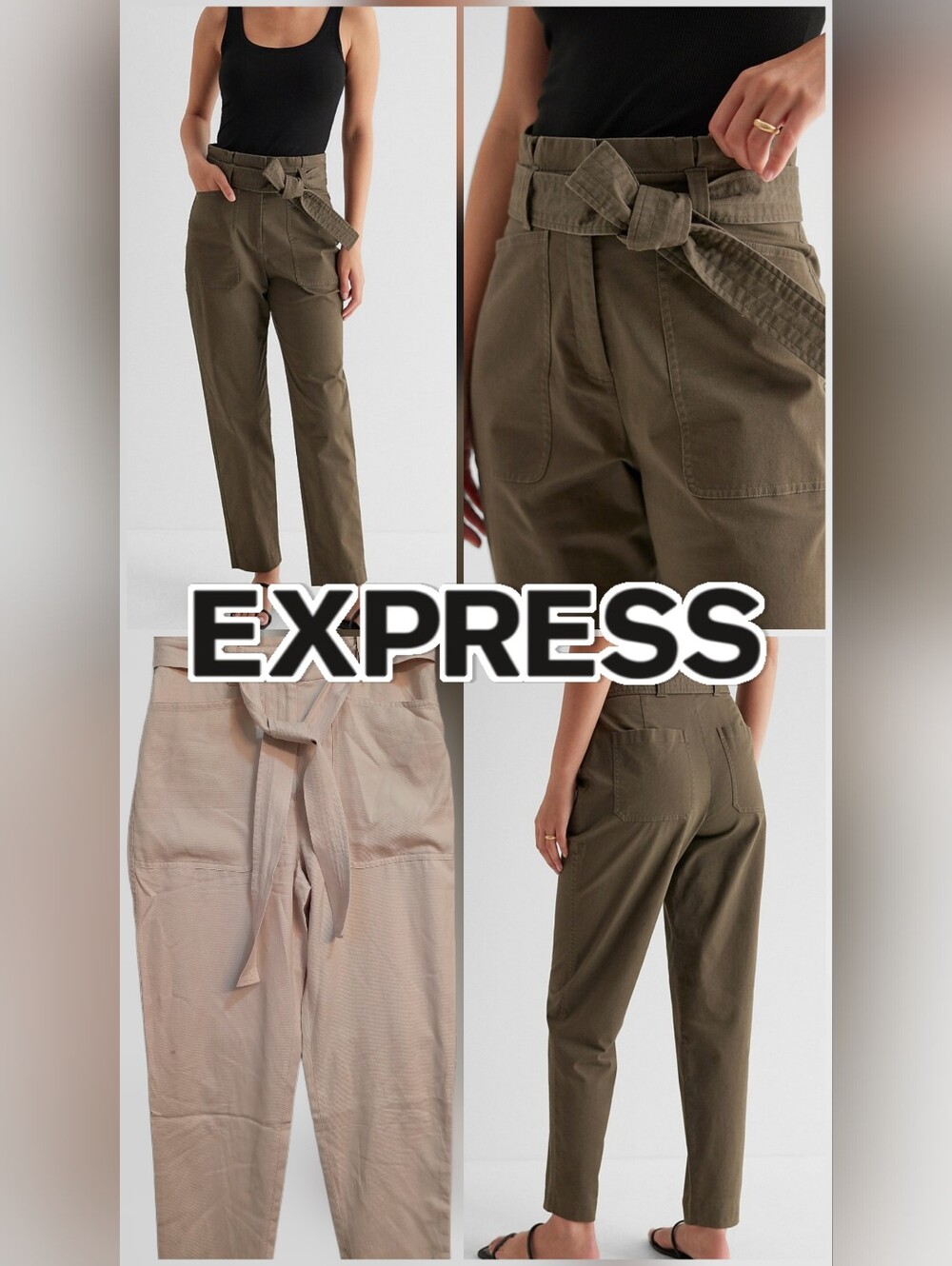 NWT Àaaß WomSuper High-Waisted Belted Paperbag Straight Ankle Pants In Khaki